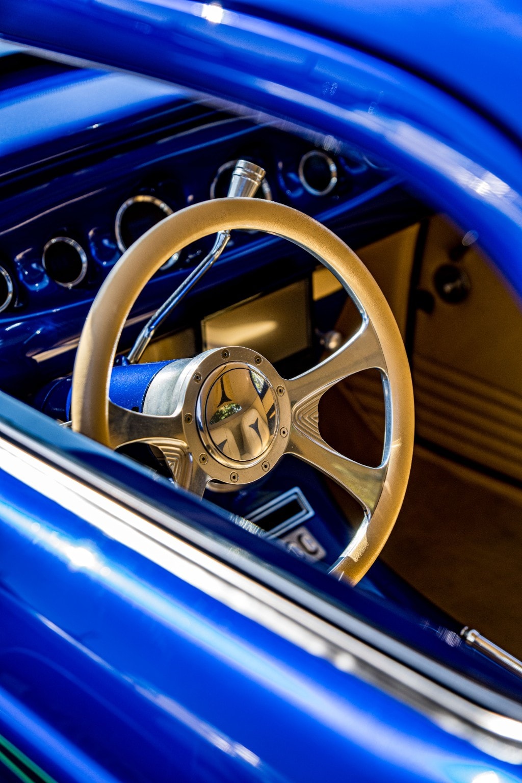 1955 Chevrolet Pickup interior detail in Kandy Cobalt Blue — historic automotive colour reference for Biolumine designation KK05
